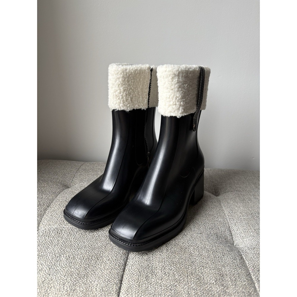 Lulus Women's Chayy Black Faux Fur Mid-Calf Boots Rain Rubber Blockheel Sz10 New